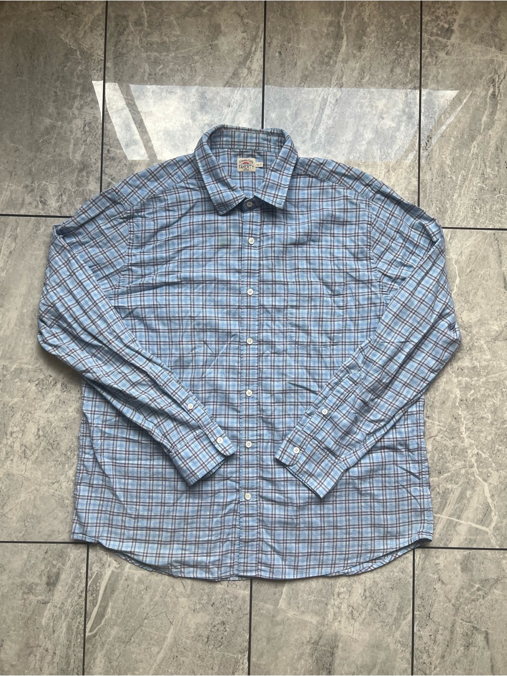 Faherty Plaid Button Up Shirt Mens Long Sleeve Blue Check 100%Cotton Logo Sz 2XL